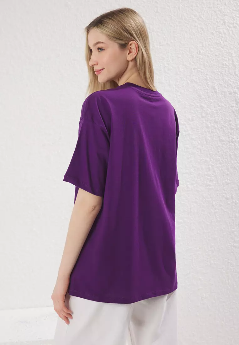 Purple 100% Cotton Oversize/Wide Pattern Galaxy Printed Knitted T-Shirt TWOSS25TS00146