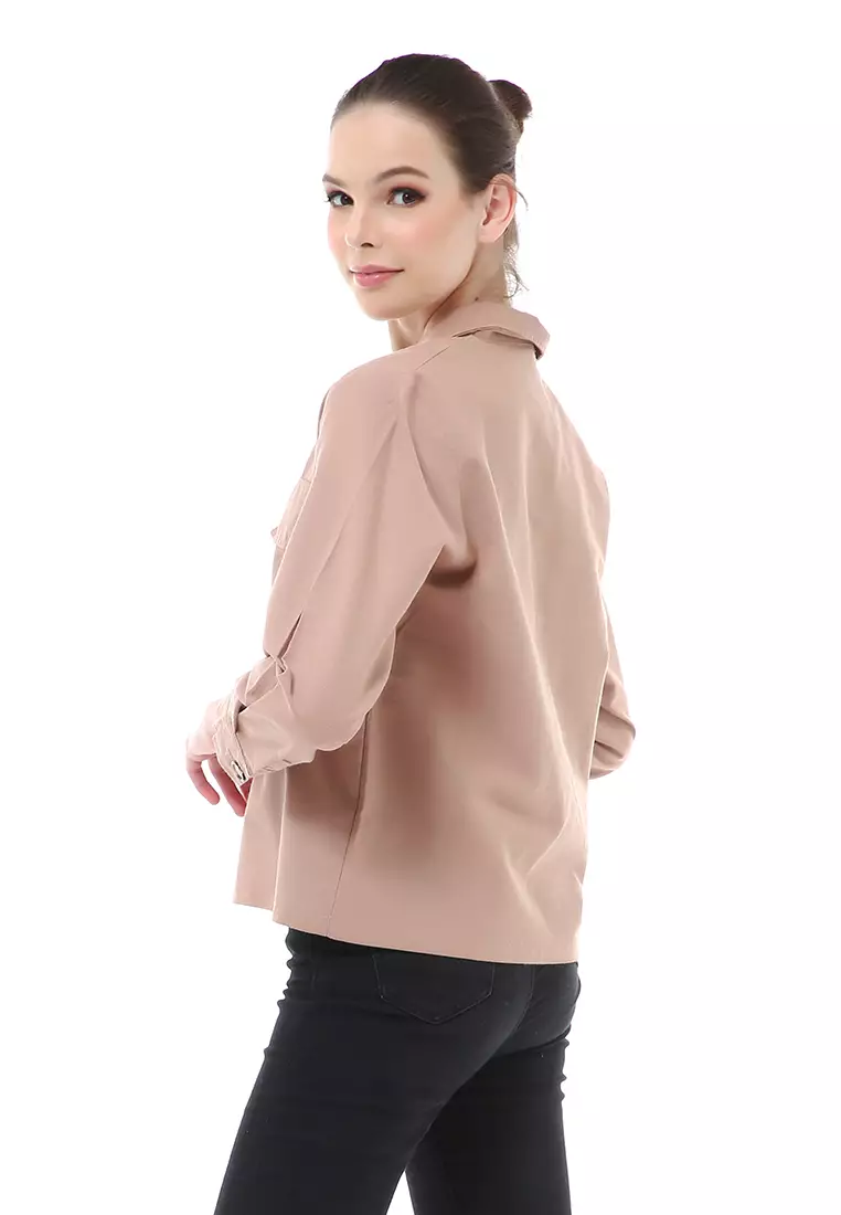 Brielle Atasan Wanita Kemeja Pocket Plain Motive Lengan Panjang Material Linen ORIGINAL - Brown