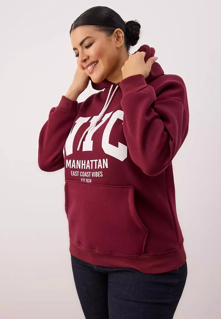Burgundy College Themed Hooded Fleece Inside Oversized Sweatshirt Tbbaw26Ao00042