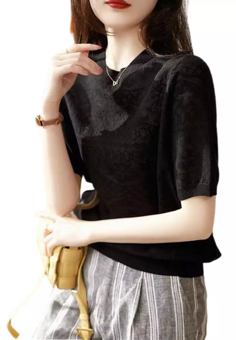 Round Neck Jacquard Short Sleeve T-shirt XHG-192