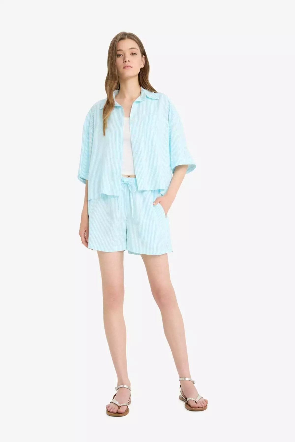 Coool Oversize Wide Fit Linen Blended Short Sleeve Shirt F2763Ax25Sm