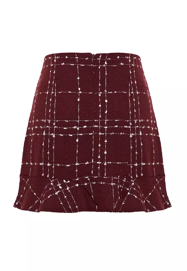 Claret Red With Buttons And Tweed Fabric Hem With Ruffles, Mini Woven Skirt Twoaw22Et0155