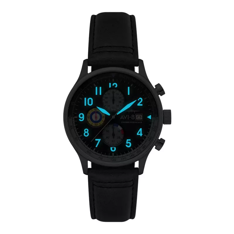 Jam Tangan Pria AVI-8 Hawker Hurricane AV-4011-0U Classic Chronograph Black Dial Grey Leather Strap + Extra Strap