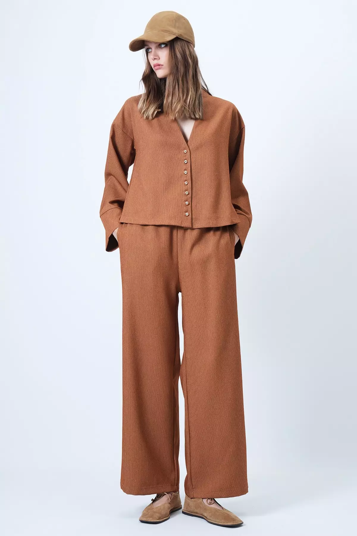 Cinnamon Brown Hakim Collar Gold Button Detailed Velvet Jacket And Palazzo Trousers Set Alc-X14633