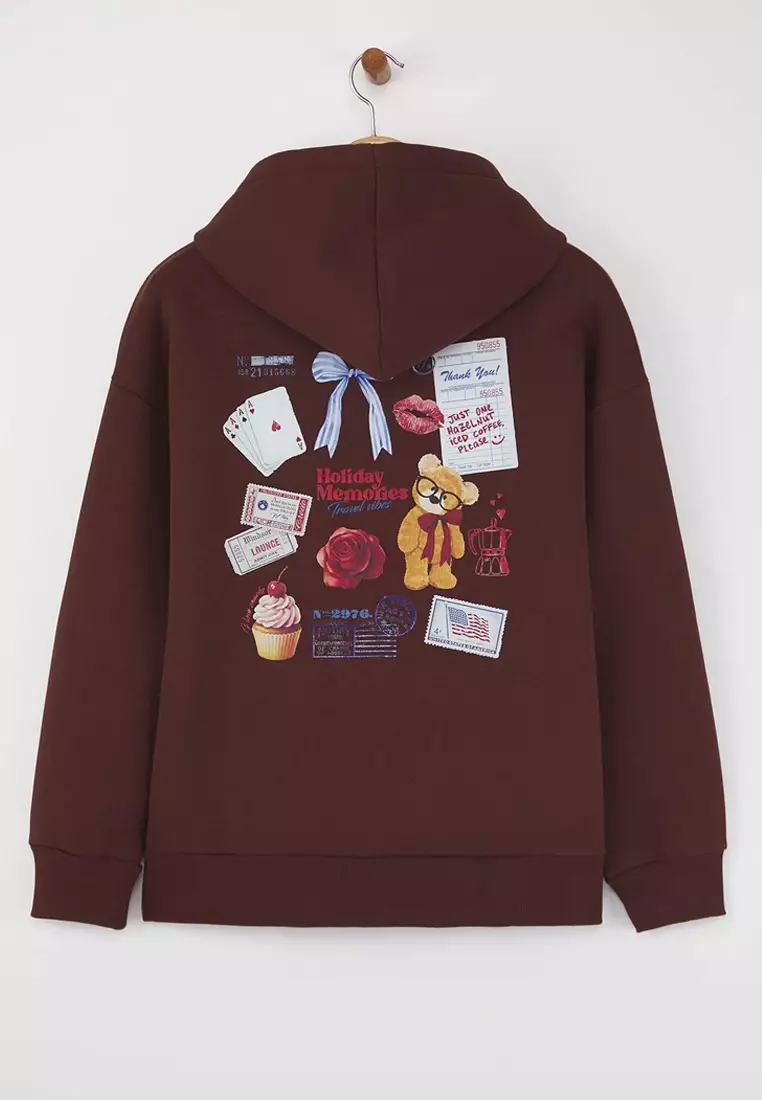 Teen Brown Back Printed Oversize Pattern Hooded Polar Fleece Knitted Sweatshirt
