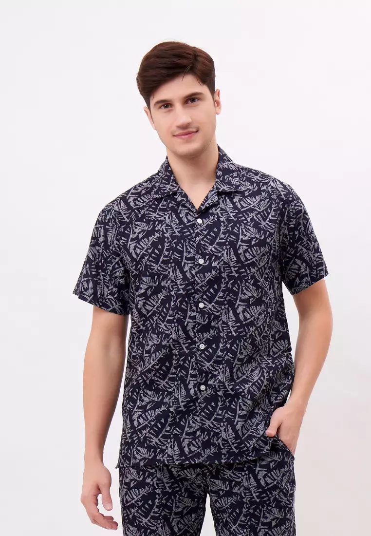 Diego Kemeja Linen Lengan Pendek Pria Navy Motif | Linen Short Sleeve Shirt Men Patterned Navy