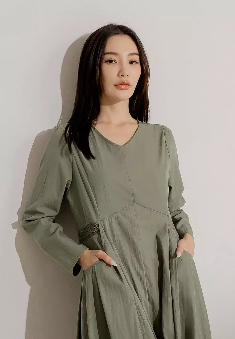 V-Neck A-Line Midi Dress with Waist Tie and Pockets [DA10269]