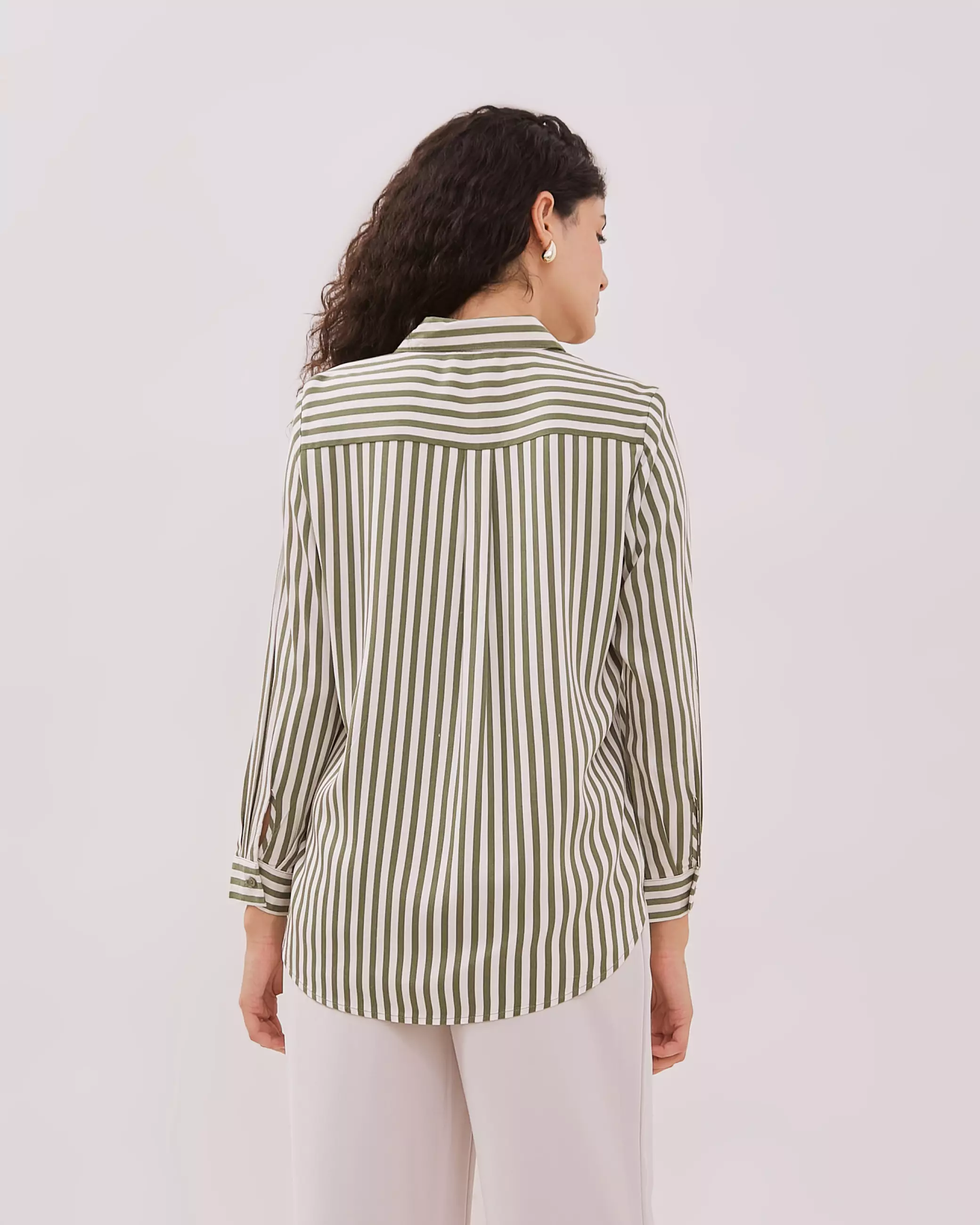Urban Exchange Lyla Green Stripe Shirt - Atasan Stripe Lengan Panjang Warna Green