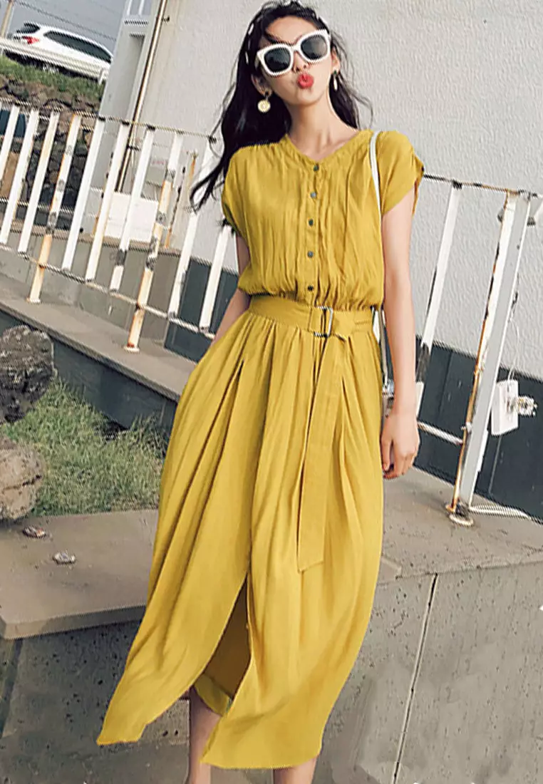 Chiffon Long Short Sleeve Cardigan Style One-Piece Dress A22022532YE