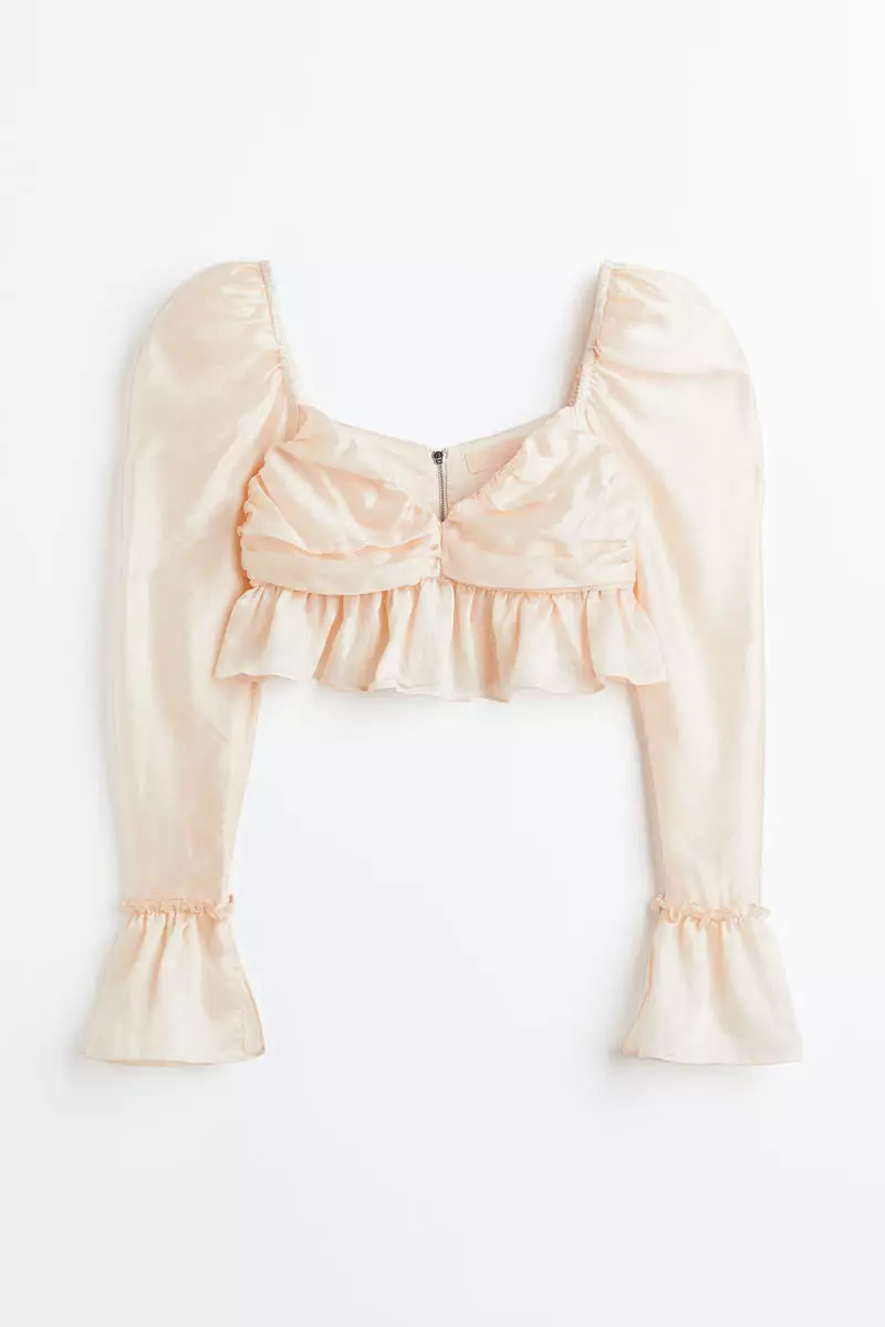 Puff-sleeved cropped peplum blouse