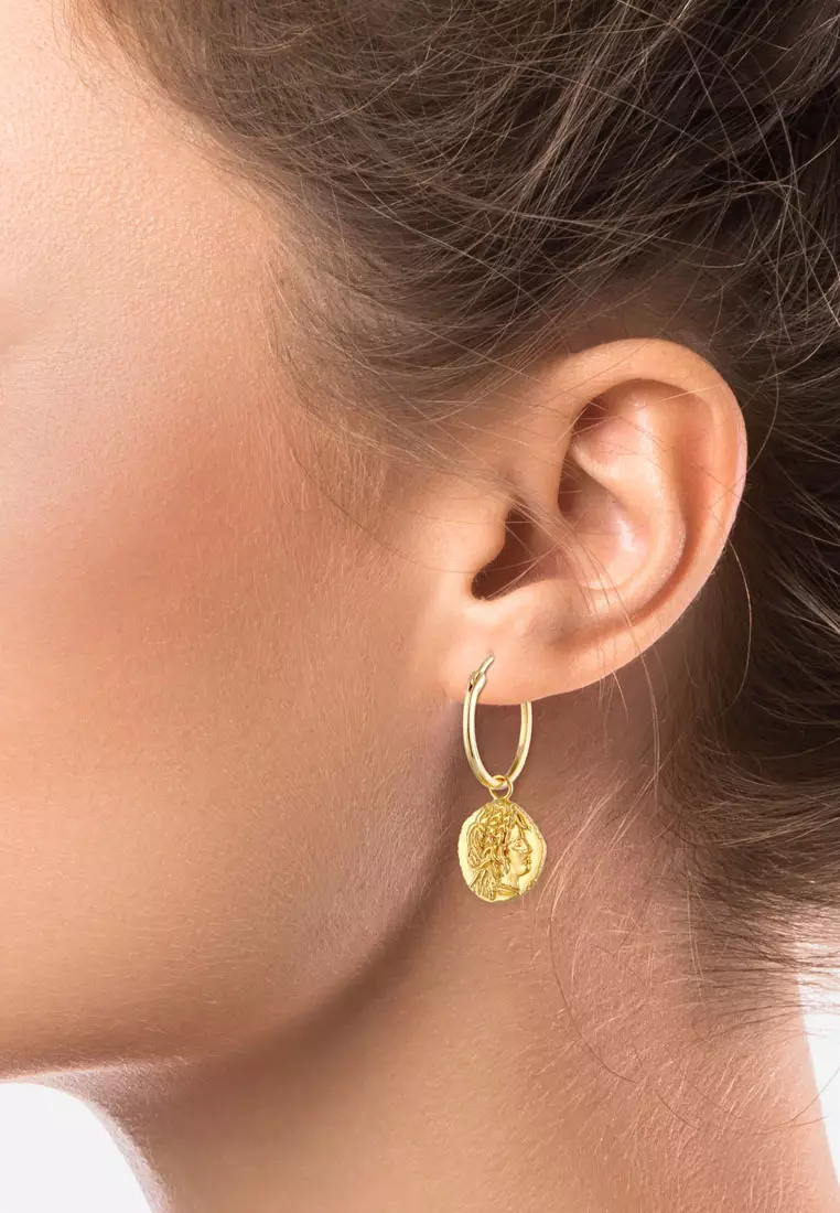 Earrings Creoles Coin Platelet Vintage Look In Gold Plated