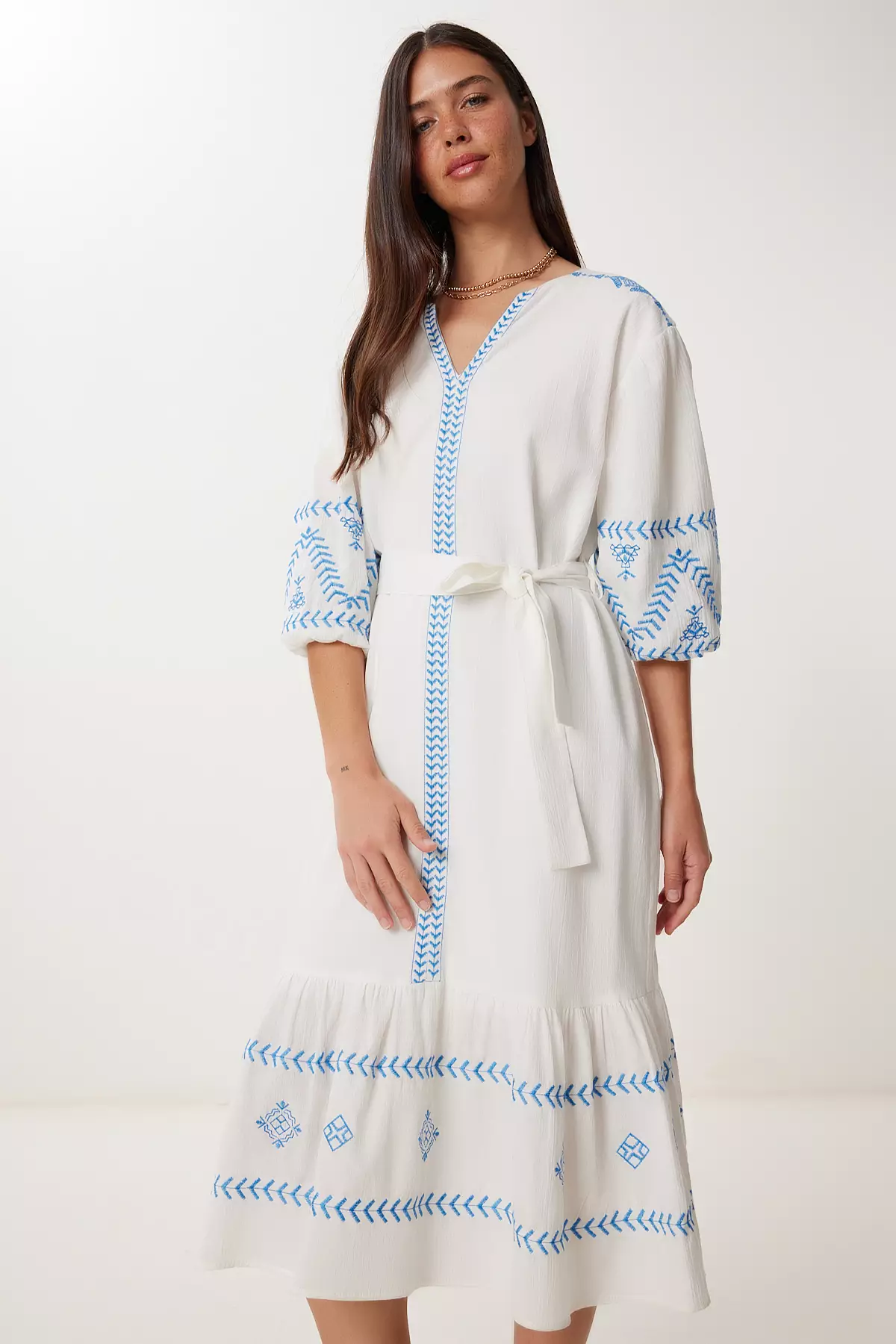 Women's White Embroidery Embroidered Flounced Summer Linen Dress Rv00212