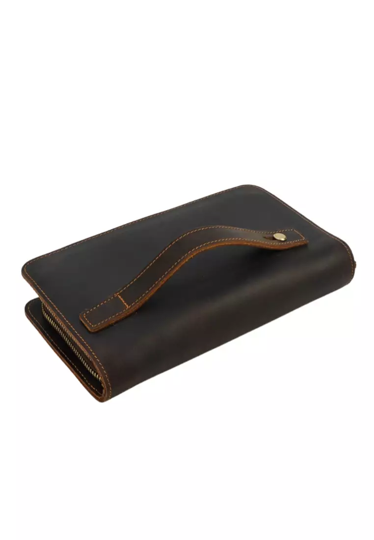 Men's Vintage Genuine Leather Double Zipper Clutch Purse Long Wallet