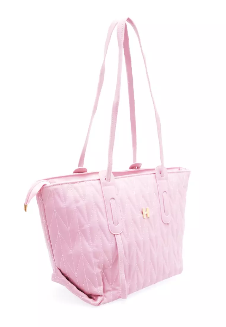 Laura Tas Kerja Wanita Tote Bag Motif Polos Large Compartment Material Leather ORIGINAL - Pink
