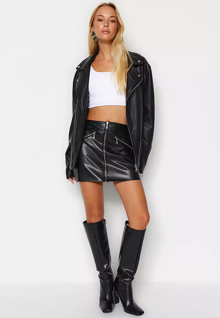 Faux Leather Zipper Skirt