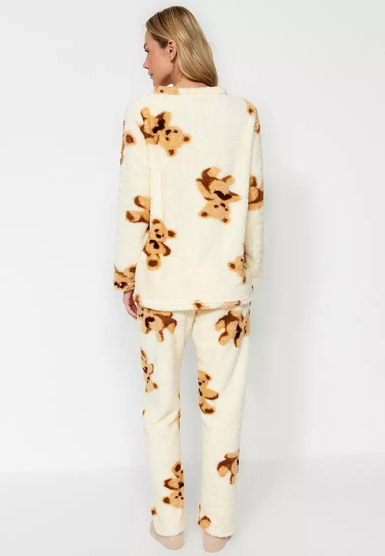 Ecru Multicolored Teddy Bear Wellsoft Winter Knitted Pajama Set THMAW24PT00191