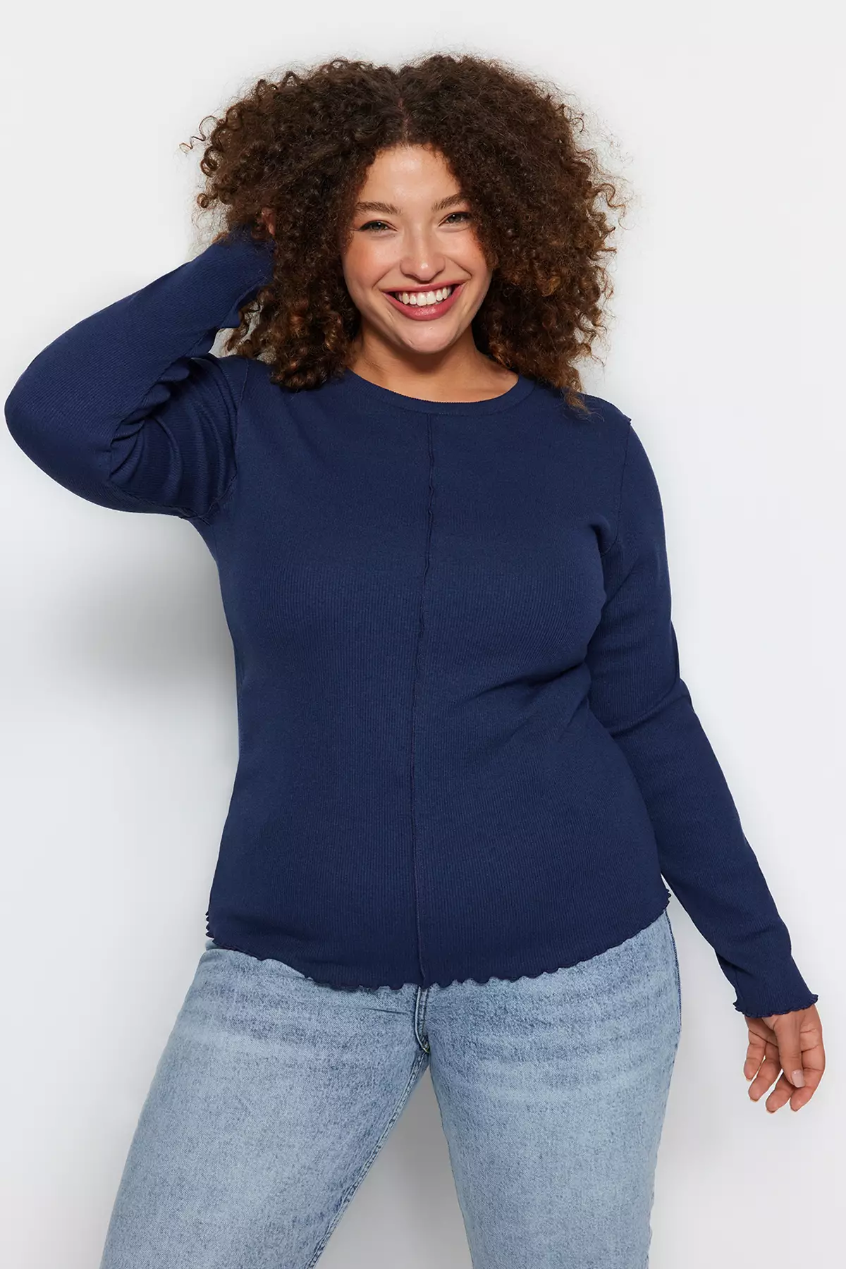 Navy Blue Crew Neck Ribbed Knitted Blouse Tbbaw24Af00035