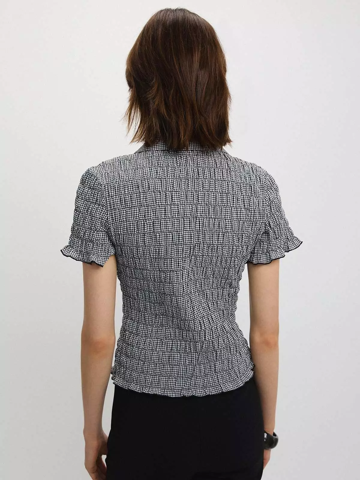 Pomelo - Blouse Wanita - Gingham Shirred Blouse - Black