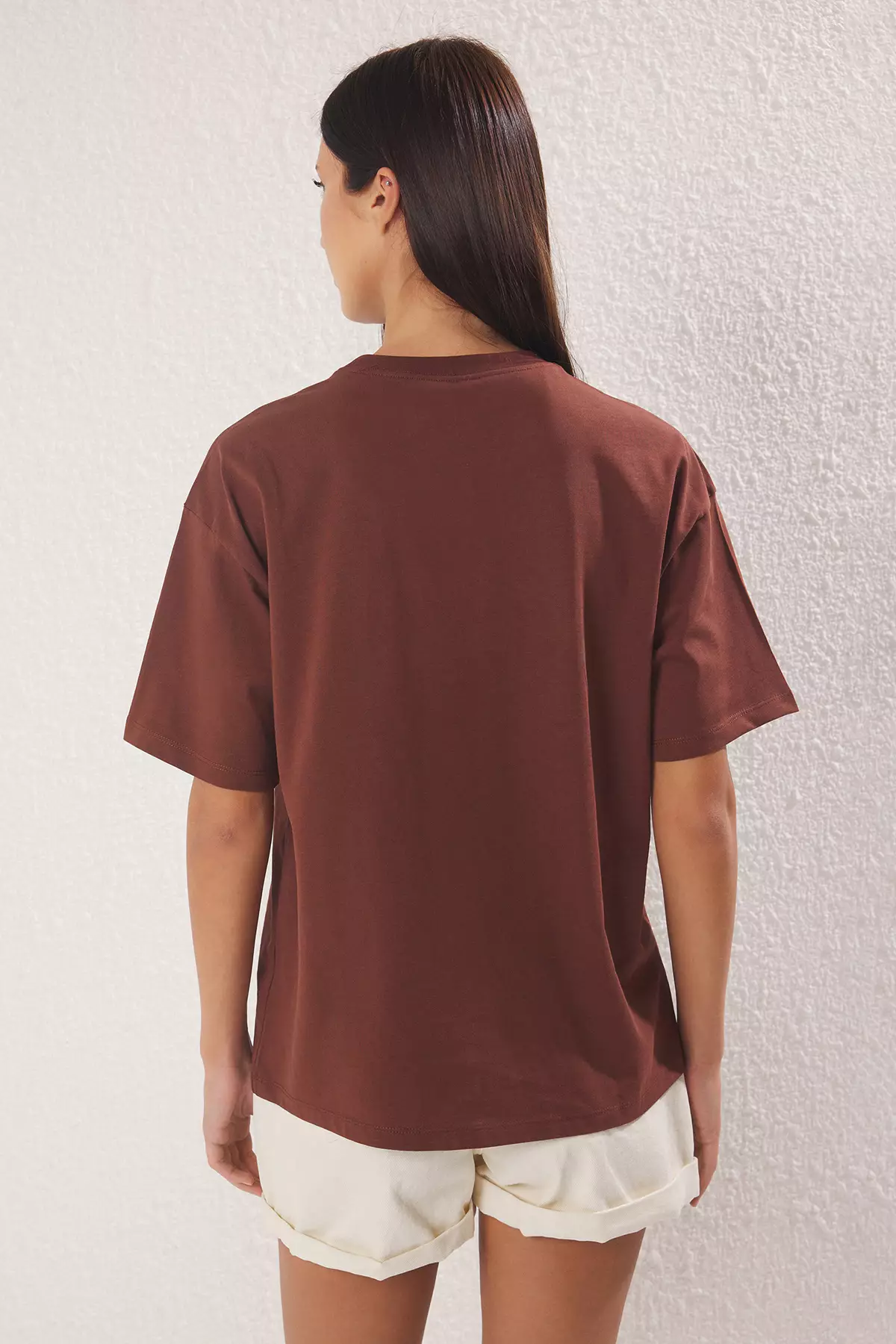 Brown 100% Cotton Premium Oversize/Wide Pattern Crew Neck Knitted T-Shirt TWOSS23TS00040