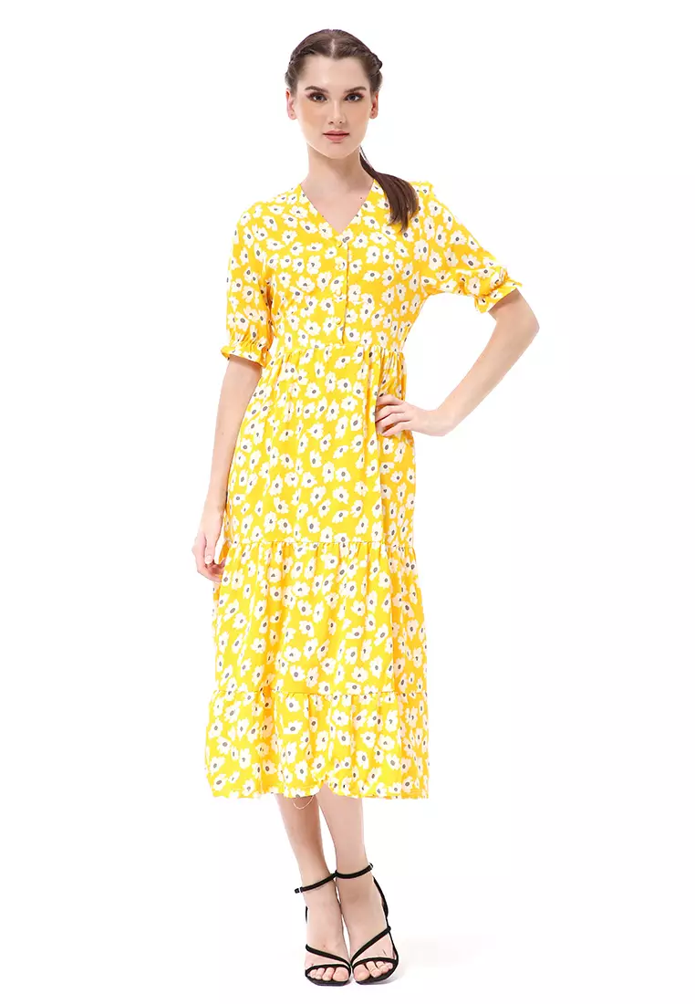 Rachel Midi Dress Wanita Vneck Lengan Pendek Desain Karet Material Polyester ORIGINAL - Yellow