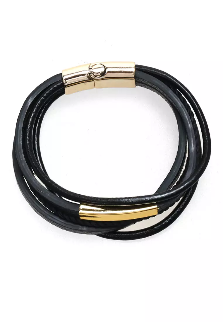 Aleda Gelang Kasual Pria Aksesoris Fashion Adjustable Strap Desain Mix Kepang Material Leather Stainless Steel ORIGINAL - Gold
