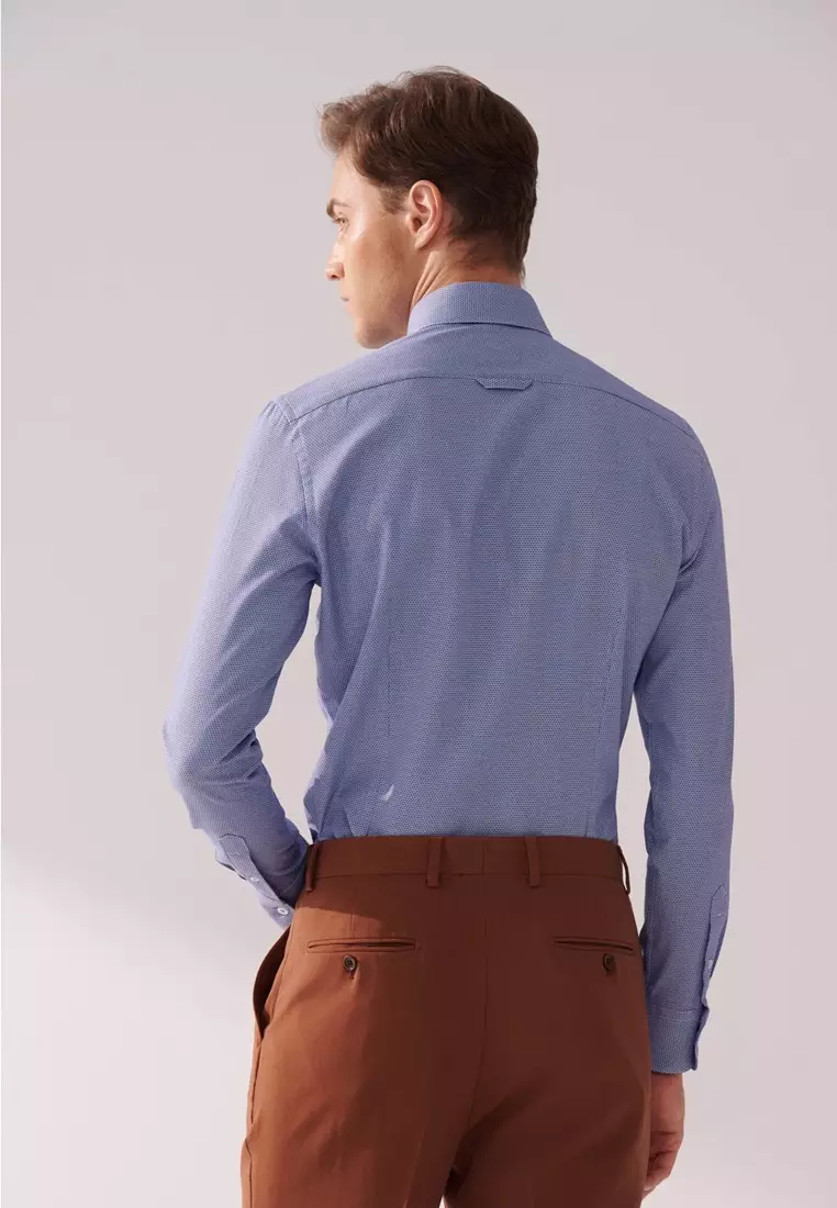Blue and White Textured Slim Fit Shirt