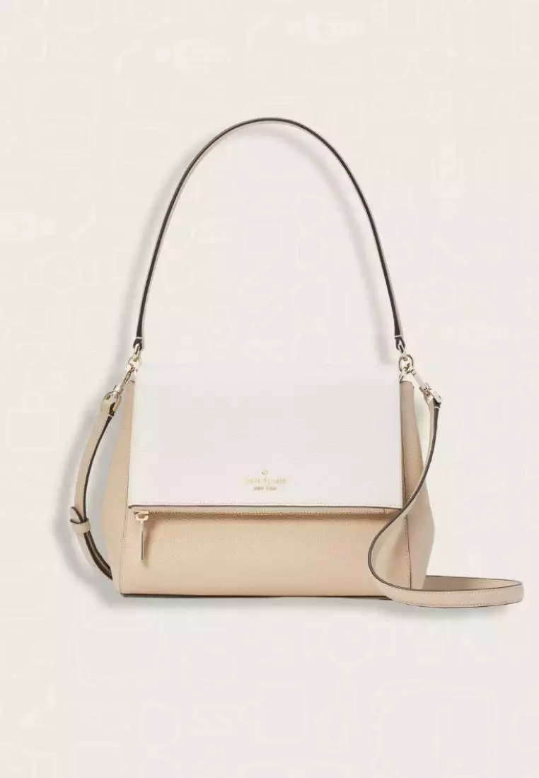 Kate Spade Leila Colorblock Pebbled Leather Medium Flap Shoulder Bag Light Sand