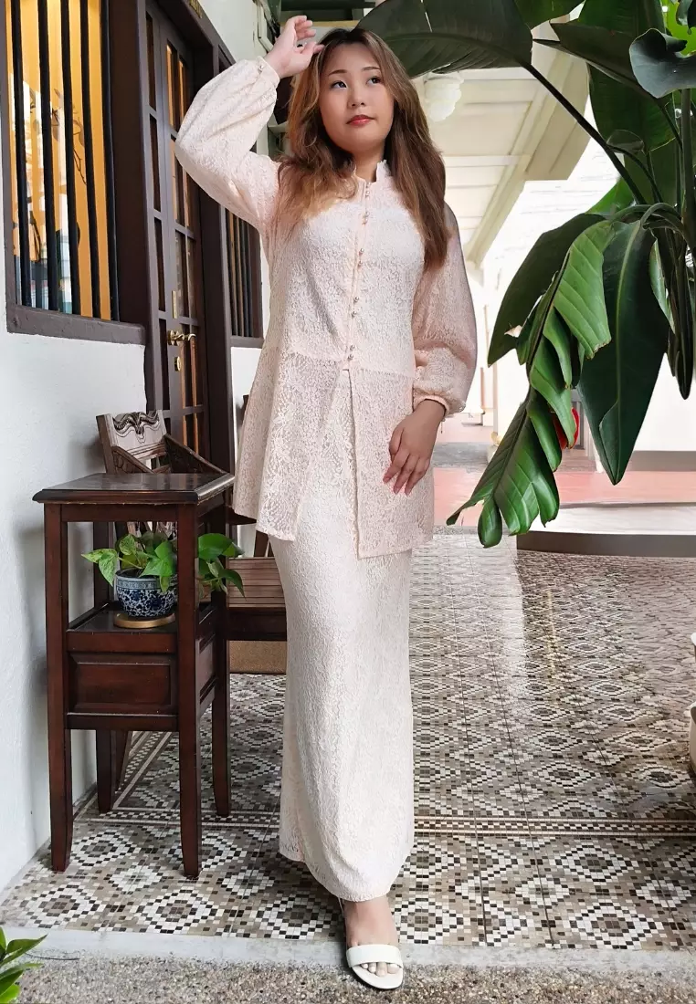 Victoria High Neck Intricate Lace Modern Top & Maxi Lace Skirt Hari Raya