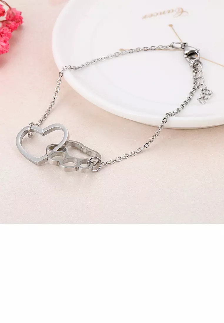 Simple and Cute Hollow Heart-shaped Cat Paw Footprint 316L Stainless Steel Bracelet