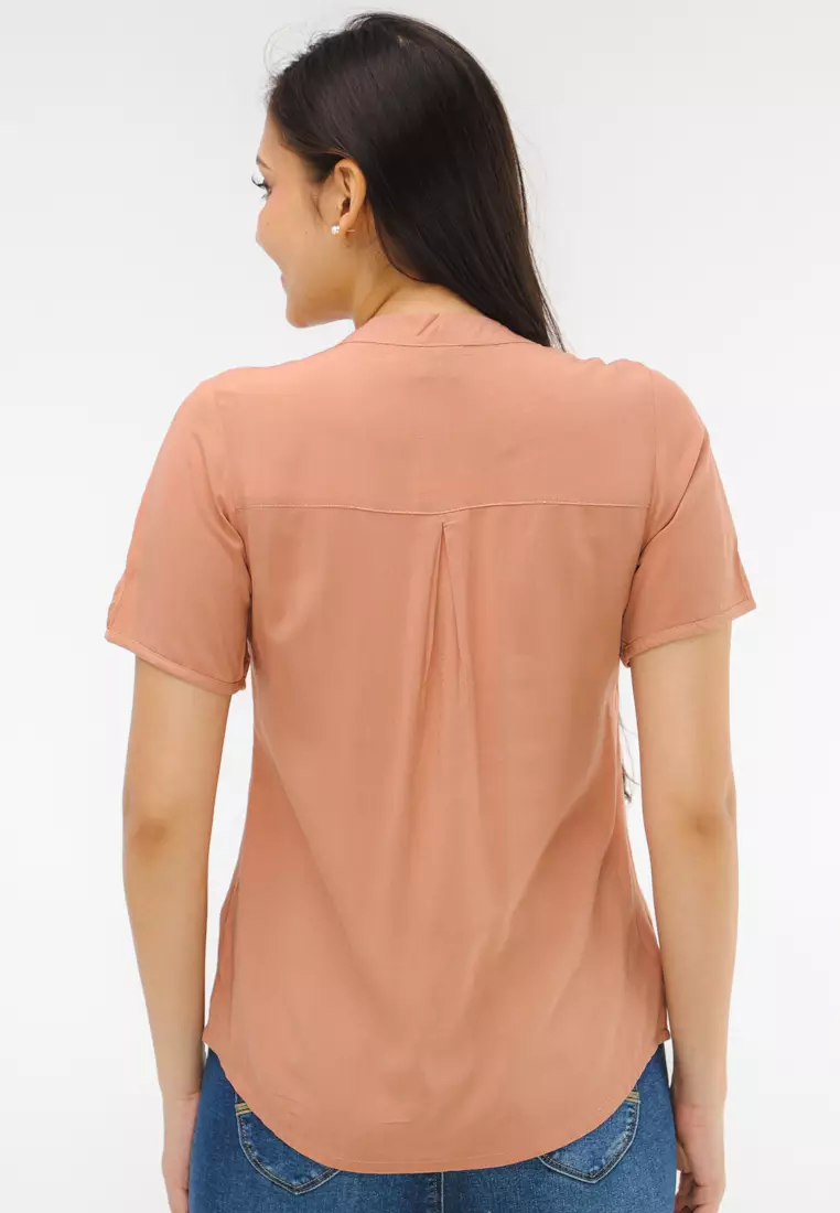 Woven Plain Rayon Short Sleeves Blouse