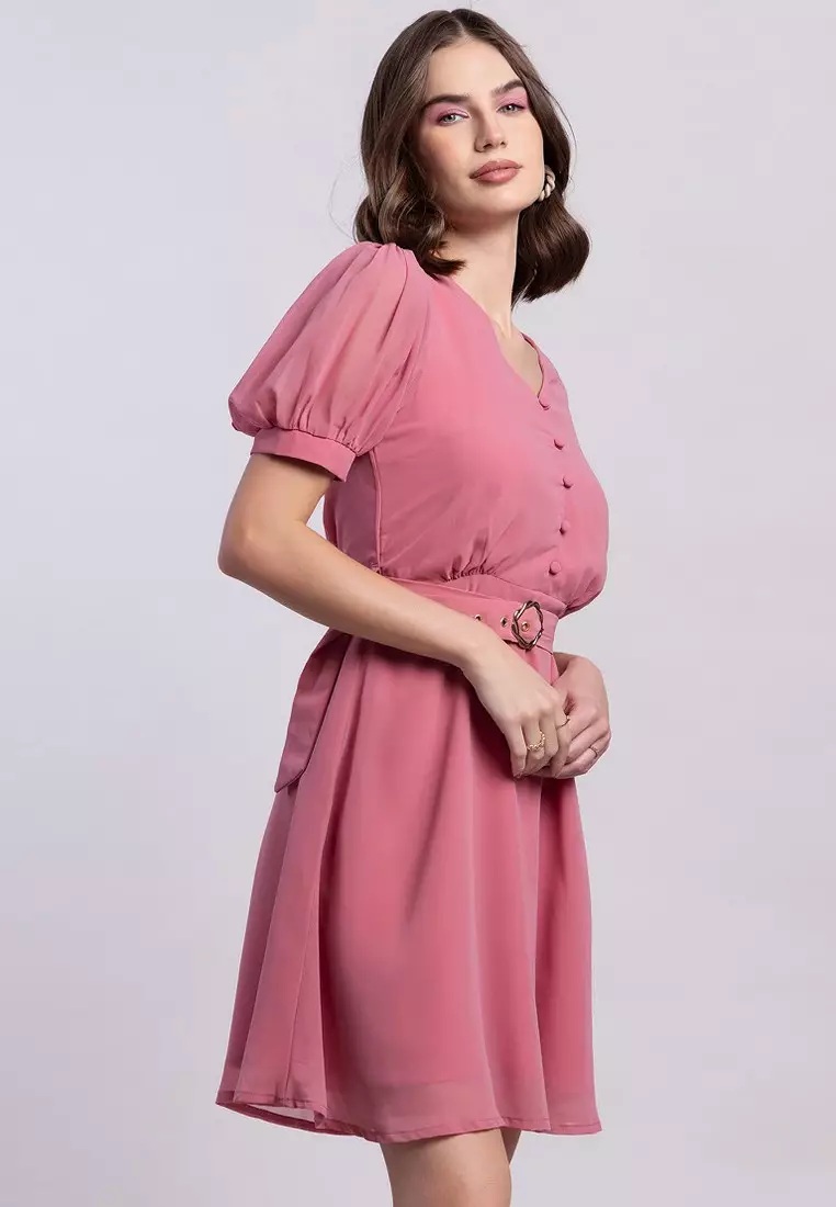 Pink Short Sleeve Maxi Dress With Tie Up Belt