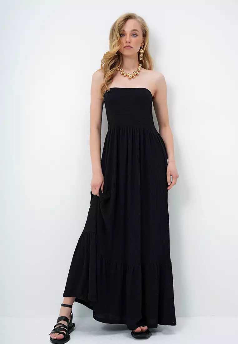 Women's Black Skirt Flounce Summer Long Strapless Dress Alc-X14127