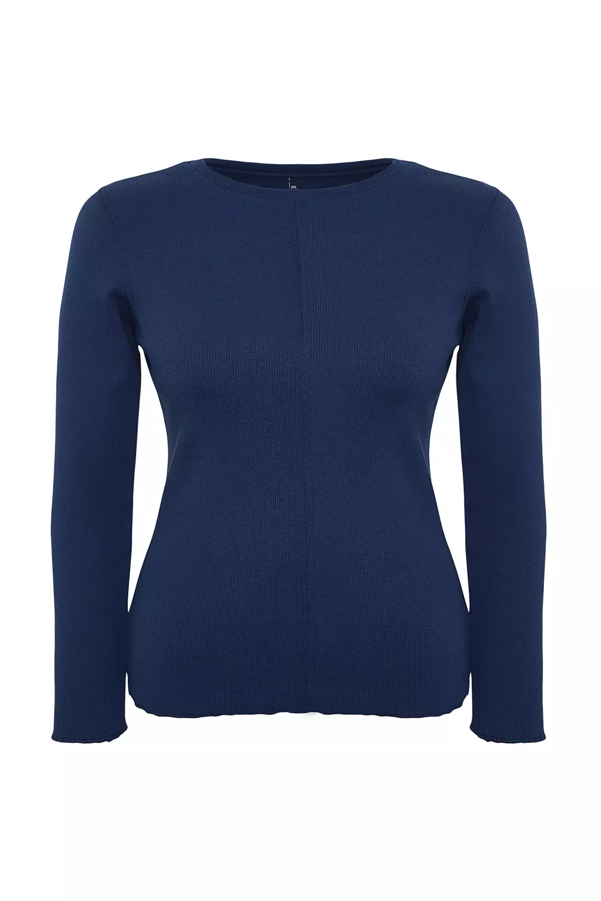 Navy Blue Crew Neck Ribbed Knitted Blouse Tbbaw24Af00035
