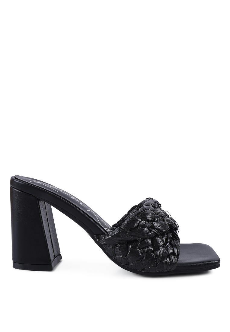 Black Braided Raffia Block Heel