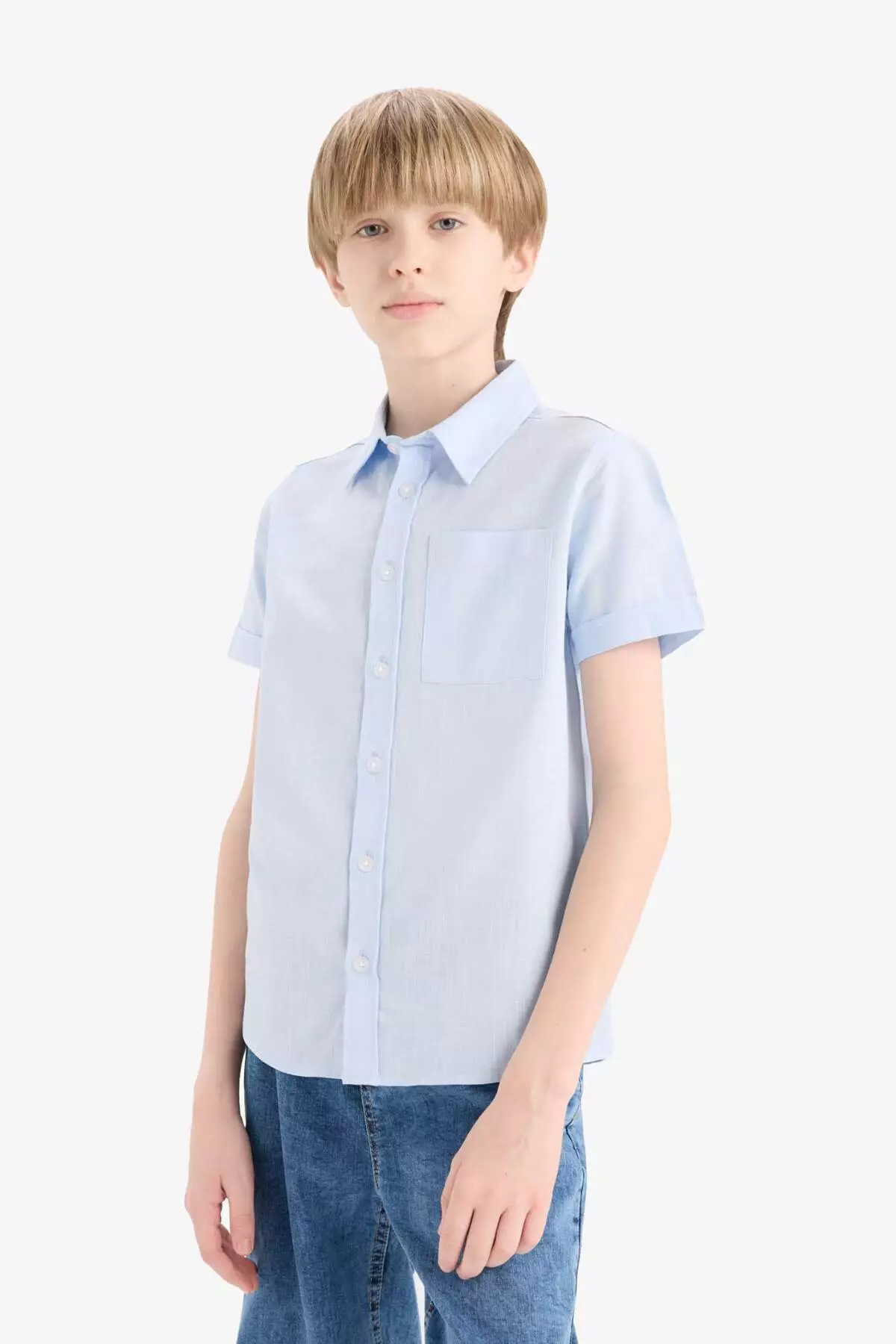 Boy's Polo Neck Linen Look Basic Plain Short Sleeve Shirt Z3204A625Sm