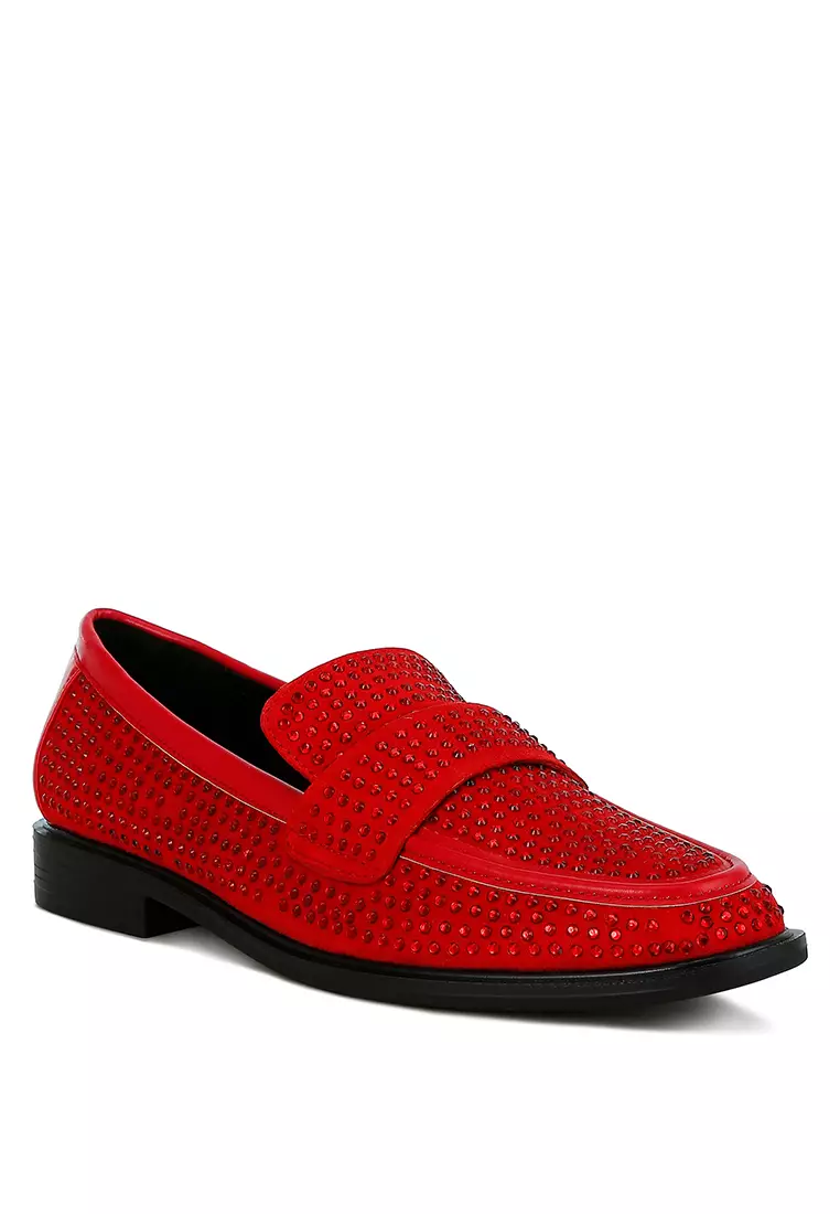 Red Rhinestones Embellished Loafers