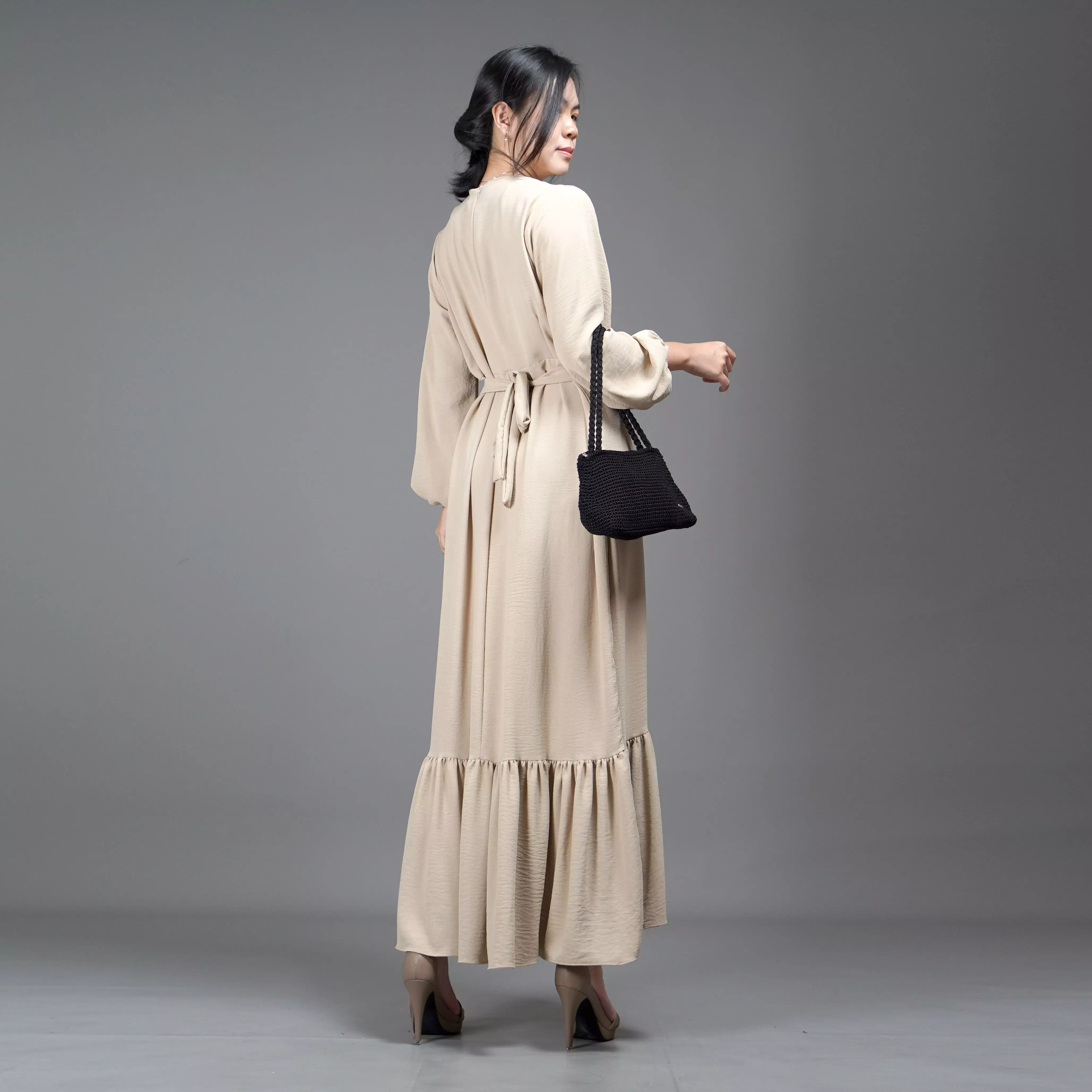  DRESS JULIA Long Dress Gaun Pesta Midi Dress Gaya Korea - Krem