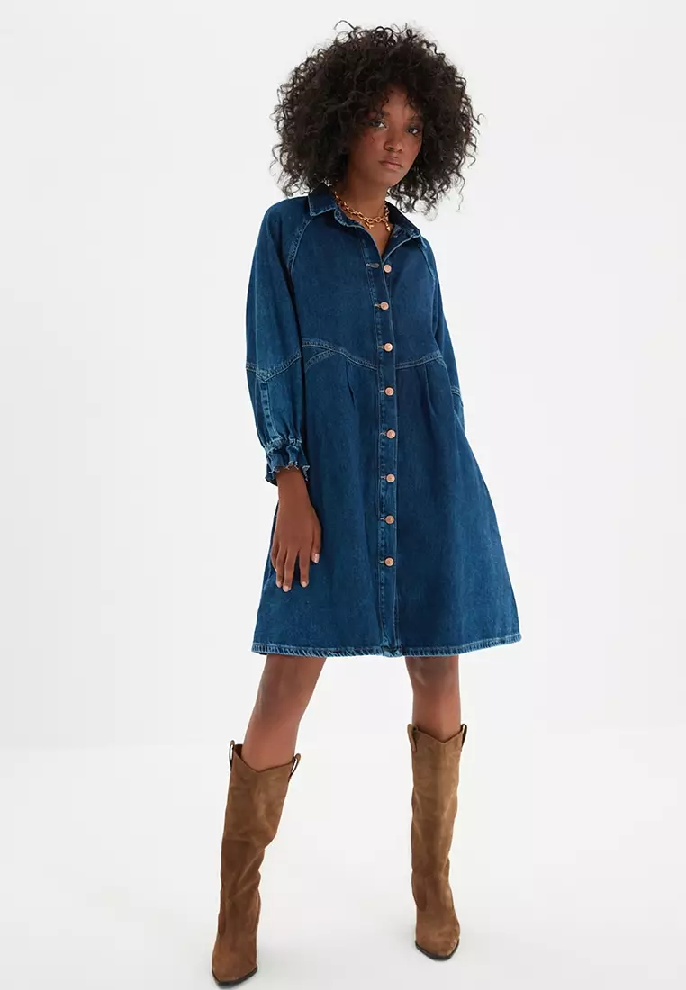 Oversized Denim Dress with Stitching Detail