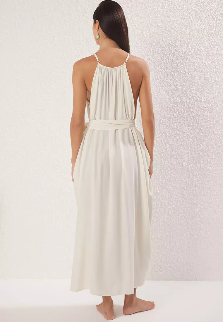 Beige Maxi Woven Belted Beach Dress Tbess25El00086