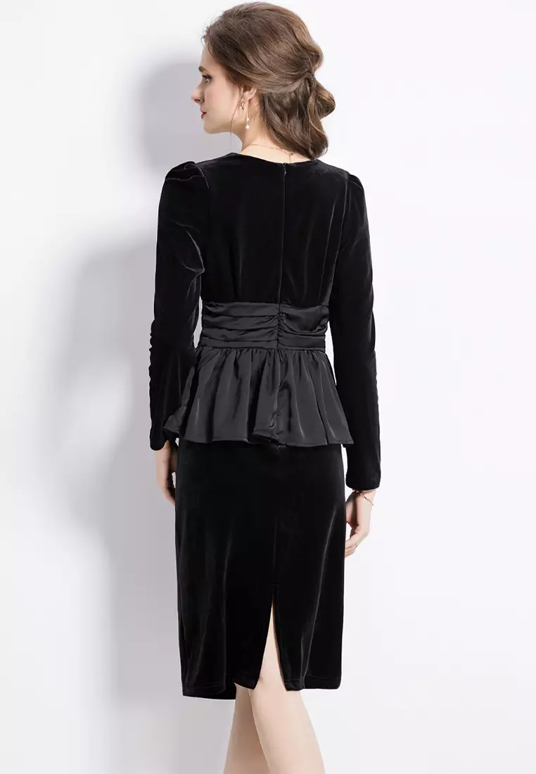 氣質宴會晚禮服黑色絲絨連衣裙CA092623