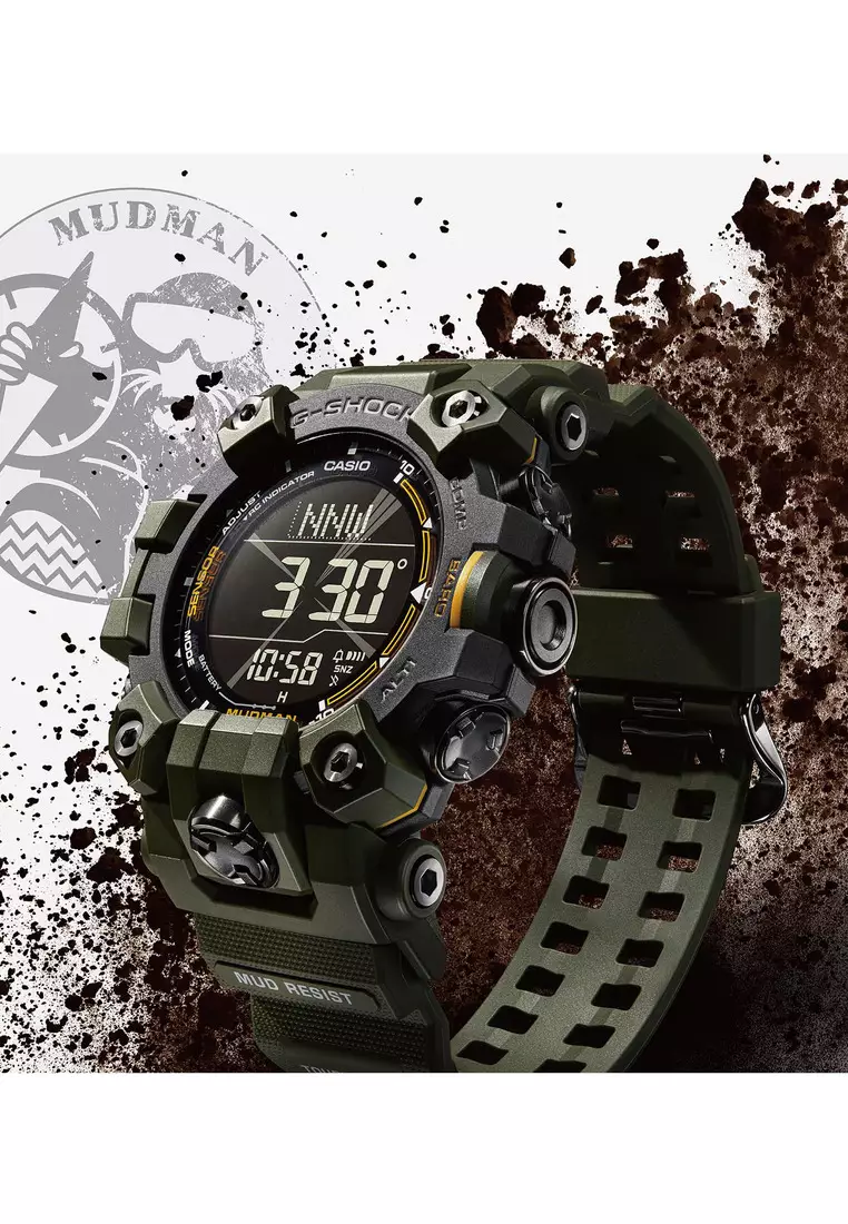 MASTER OF G - LAND GW-9500-3 Men's MUDMAN Sport Tough Solar Watch with Army Green Resin Band