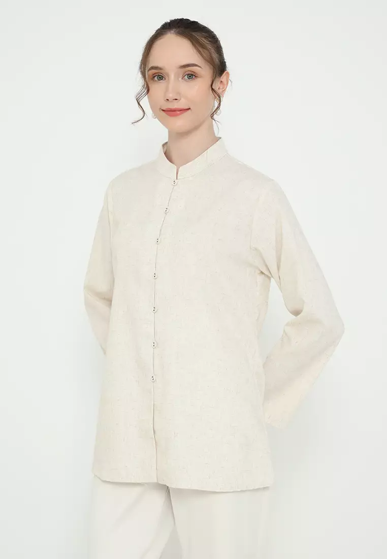 Shirt Cream Linen Long Sleeve Simple Elegan Arlette By Brilliant girl Warna Cream