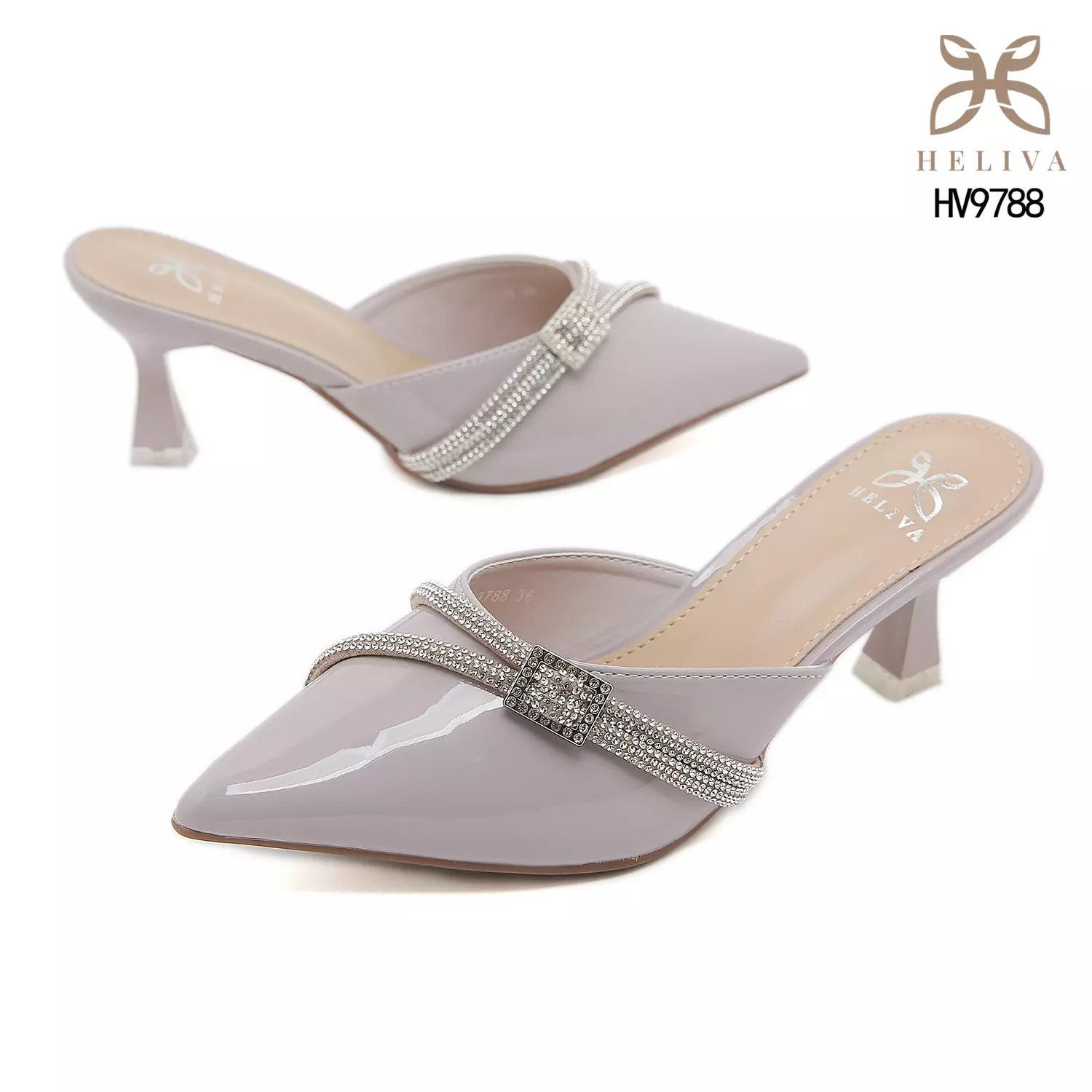 HELIVA CILLA Glossy Pointed Mules 6.5 cm with Elegant Rhinestone Strap HV9788