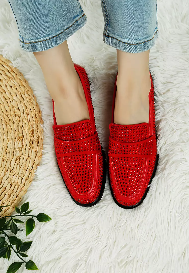 Sepatu Loafer Berhias Berlian Imitasi Merah