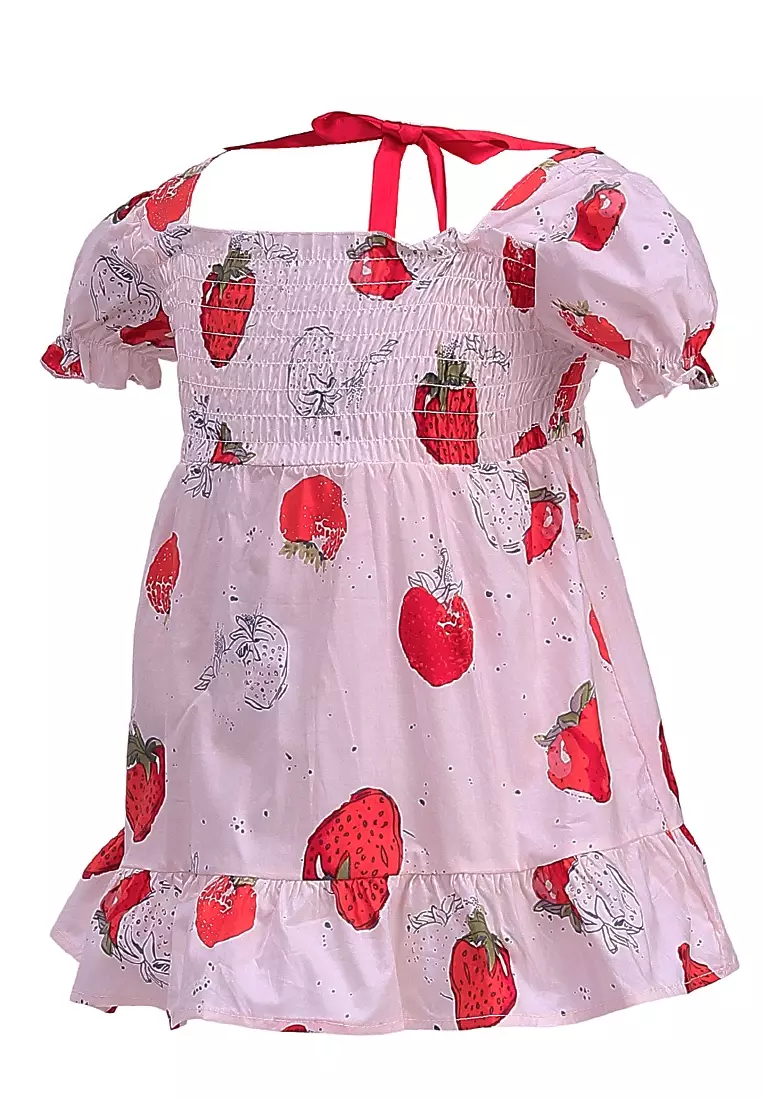 Bianca Gaun Anak Perempuan Motif Strawberry Kids Dresses Short Sleeve Material Cotton ORIGINAL - Pink