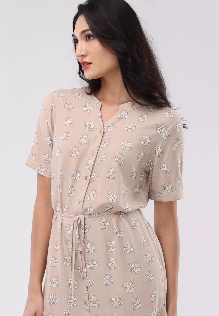 Printed Soft Linen Short Sleeves Chinese Collar Dress