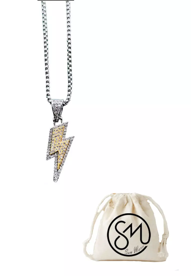 Aksesoris Pria Studded Lightning Pendant Necklace Kalung Pria Titanium Silver & Gold
