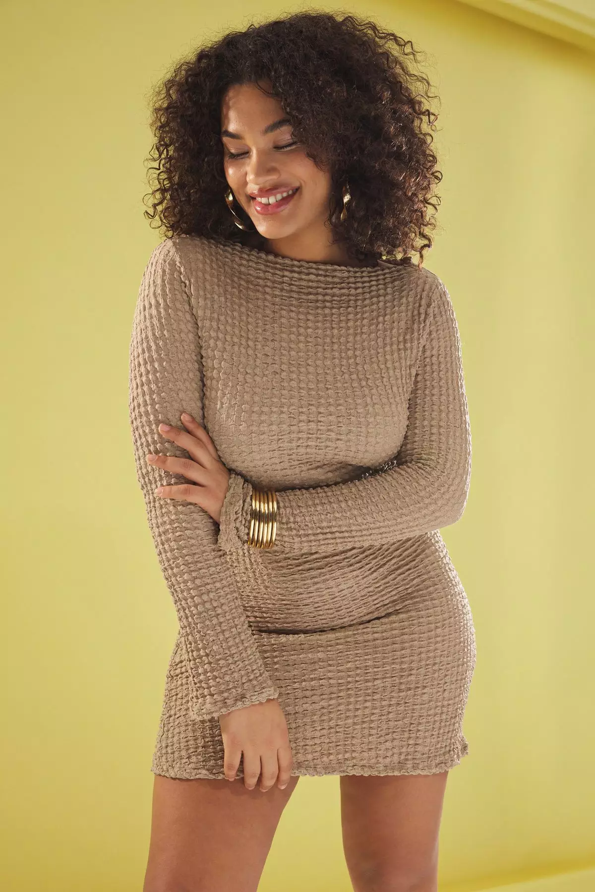 Boat Neck Spanish Sleeve Textured Mini Knitted Plus Size Dress