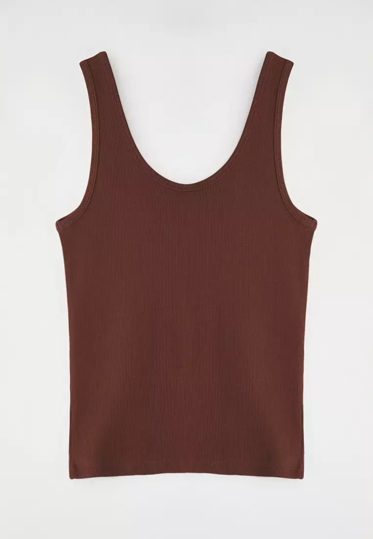 Brown Fitted/Body Fitted Pool Collar Elastic Knitted Tank Top TWOSS22AL0042