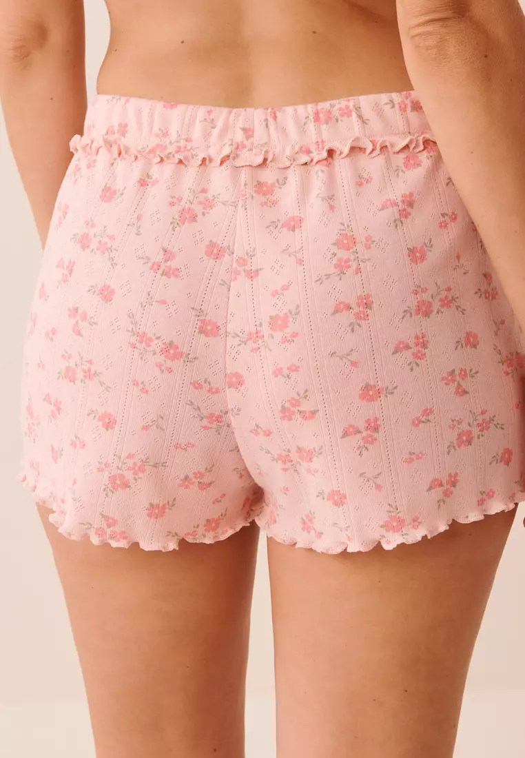 Floral Print Ruffle Hem Pointelle Pajama Shorts